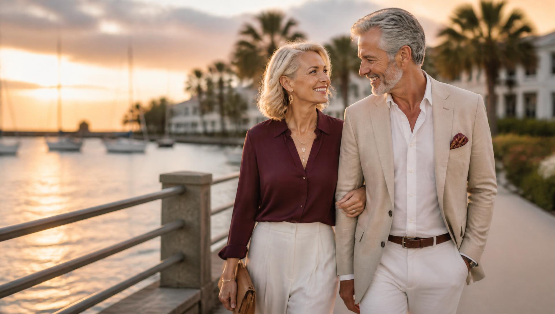 Elegant couple walking along a Charleston pier at sunset