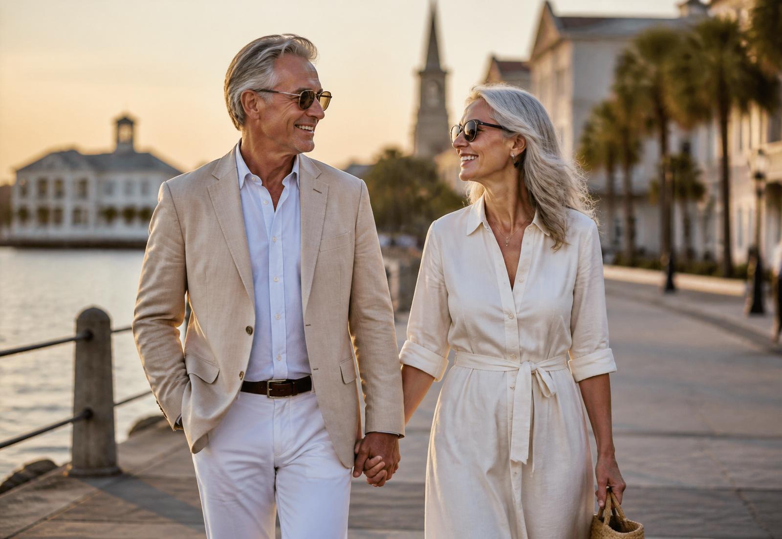 Mature couple walking along a Mount Pleasant waterfront at sunset
